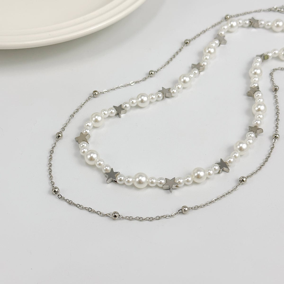 Elegant Layered Star Pearl Chain Beaded Necklace Set - ArtGalleryZen