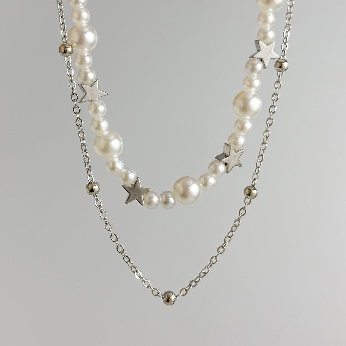 Elegant Layered Star Pearl Chain Beaded Necklace Set - ArtGalleryZen