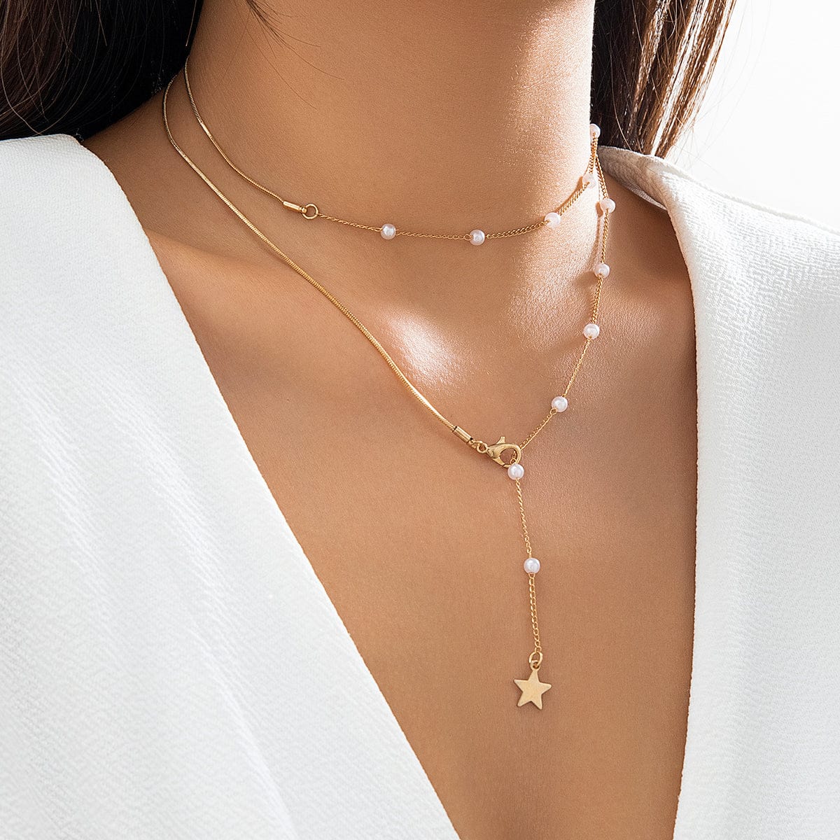 Elegant Layered Star Round Disk Pendant Pearl Chain Y Necklace - ArtGalleryZen