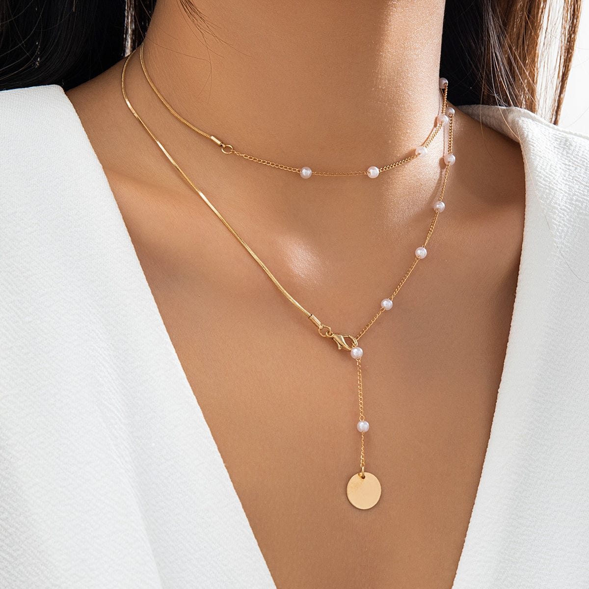 Elegant Layered Star Round Disk Pendant Pearl Chain Y Necklace - ArtGalleryZen