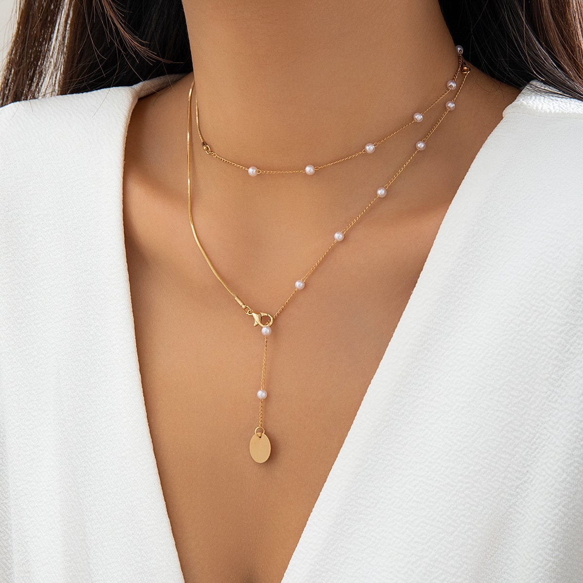 Elegant Layered Star Round Disk Pendant Pearl Chain Y Necklace - ArtGalleryZen