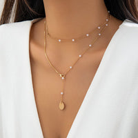 Thumbnail for Elegant Layered Star Round Disk Pendant Pearl Chain Y Necklace - ArtGalleryZen