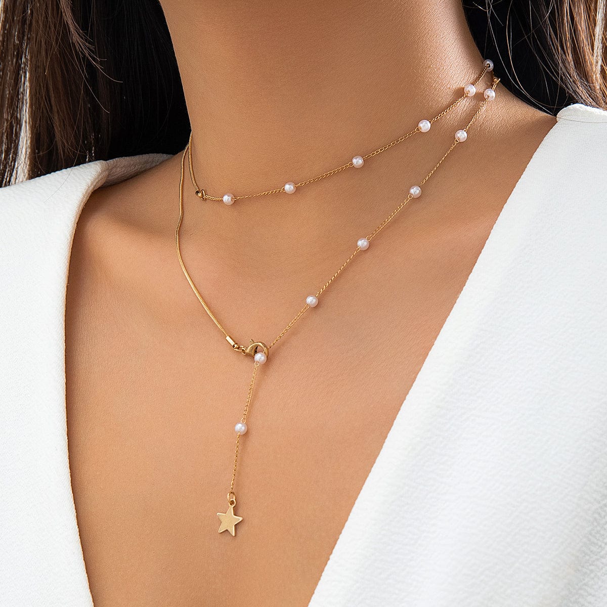 Elegant Layered Star Round Disk Pendant Pearl Chain Y Necklace - ArtGalleryZen