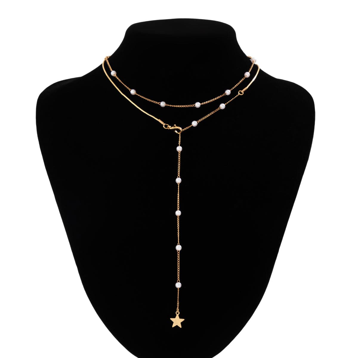 Elegant Layered Star Round Disk Pendant Pearl Chain Y Necklace - ArtGalleryZen