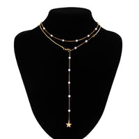 Thumbnail for Elegant Layered Star Round Disk Pendant Pearl Chain Y Necklace - ArtGalleryZen