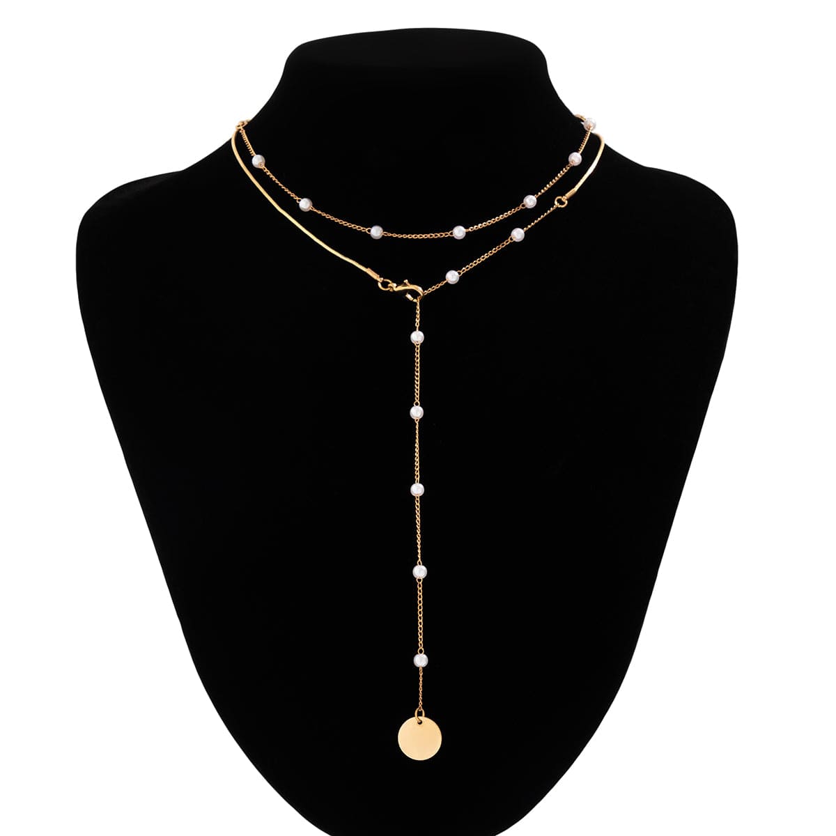 Elegant Layered Star Round Disk Pendant Pearl Chain Y Necklace - ArtGalleryZen