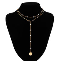 Thumbnail for Elegant Layered Star Round Disk Pendant Pearl Chain Y Necklace - ArtGalleryZen