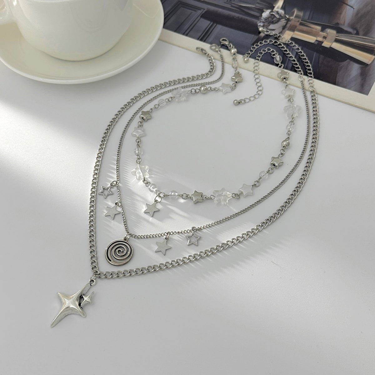 Elegant Layered Star Spiral Pendant Curb Chain Necklace Set - ArtGalleryZen