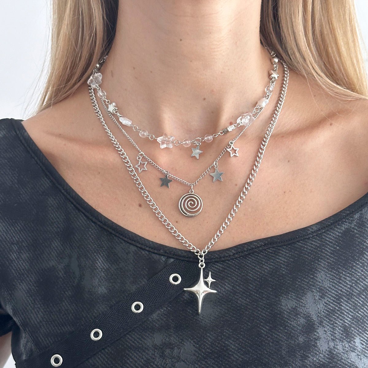 Elegant Layered Star Spiral Pendant Curb Chain Necklace Set - ArtGalleryZen