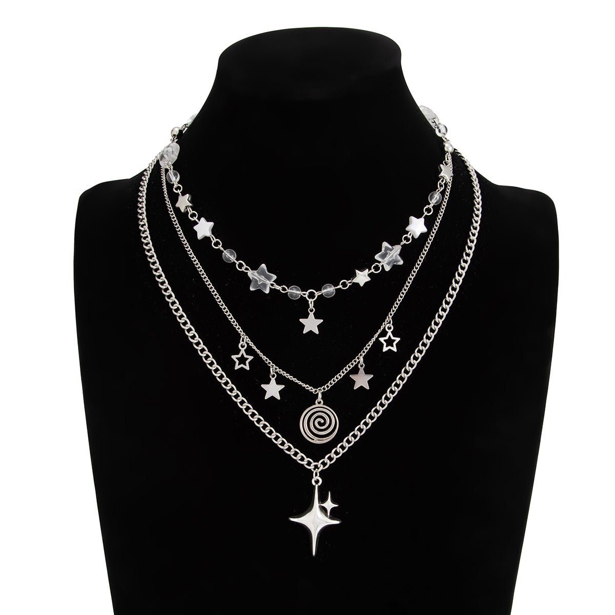 Elegant Layered Star Spiral Pendant Curb Chain Necklace Set - ArtGalleryZen