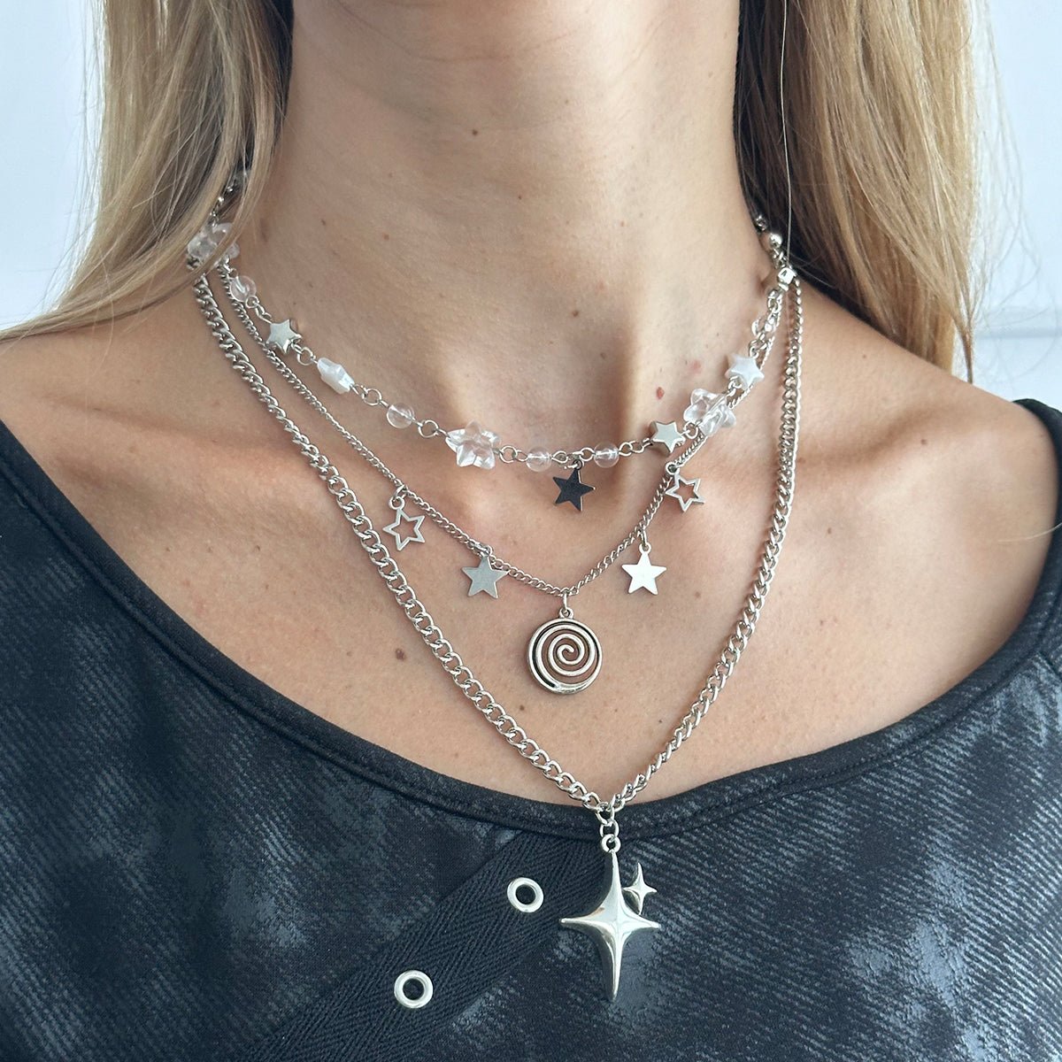 Elegant Layered Star Spiral Pendant Curb Chain Necklace Set - ArtGalleryZen