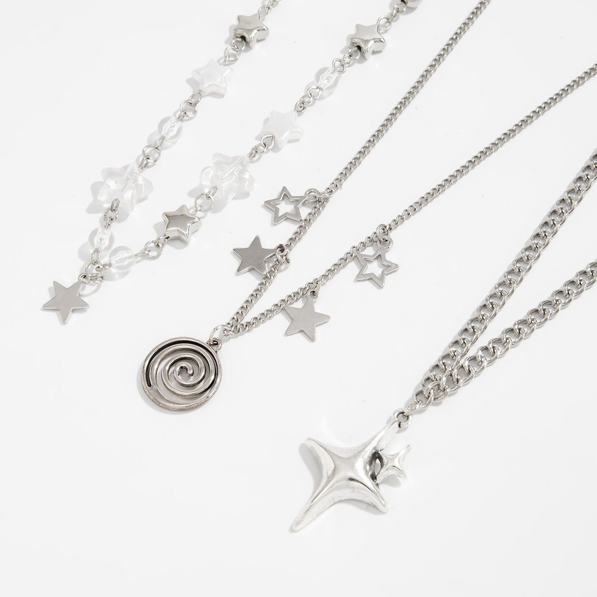 Elegant Layered Star Spiral Pendant Curb Chain Necklace Set - ArtGalleryZen