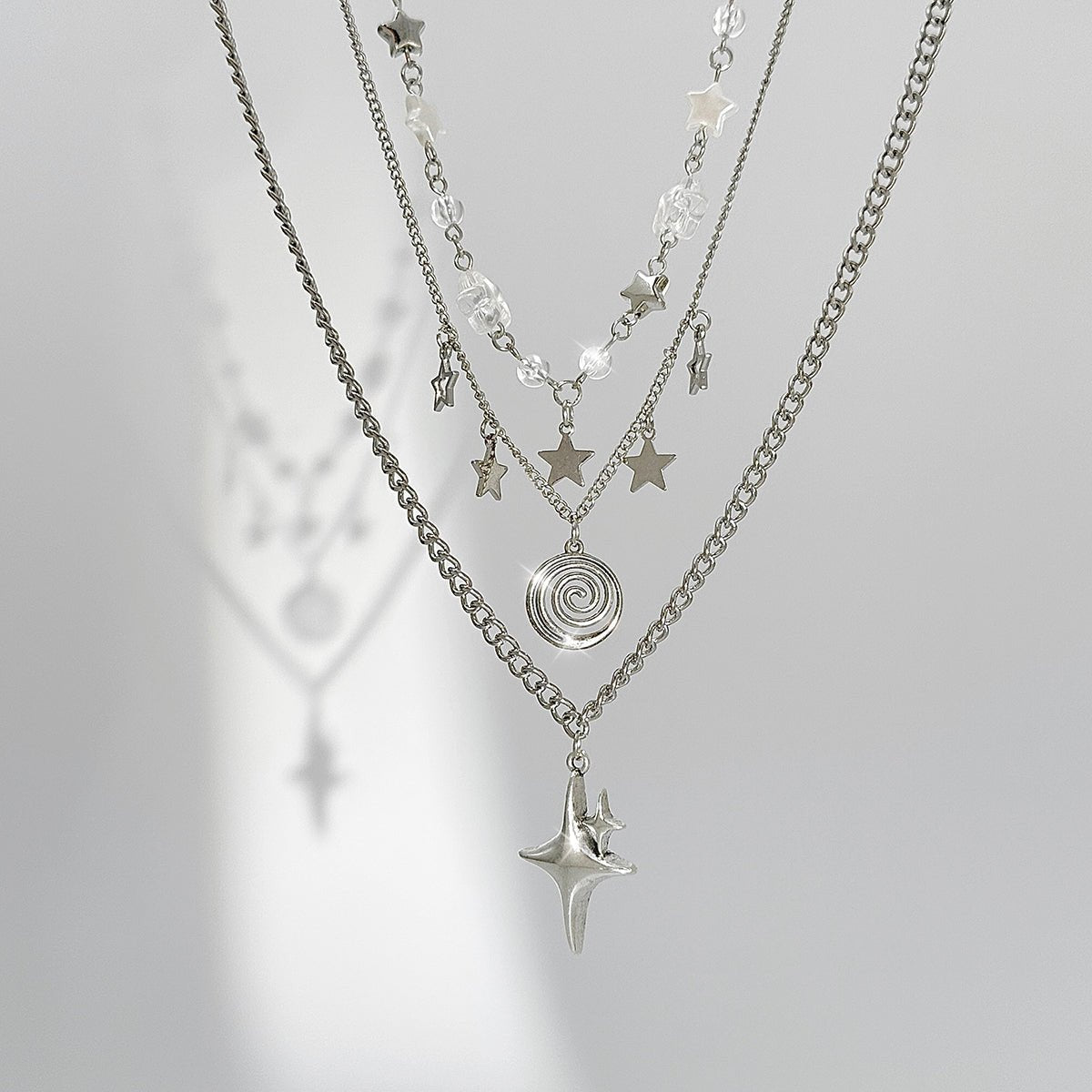 Elegant Layered Star Spiral Pendant Curb Chain Necklace Set - ArtGalleryZen