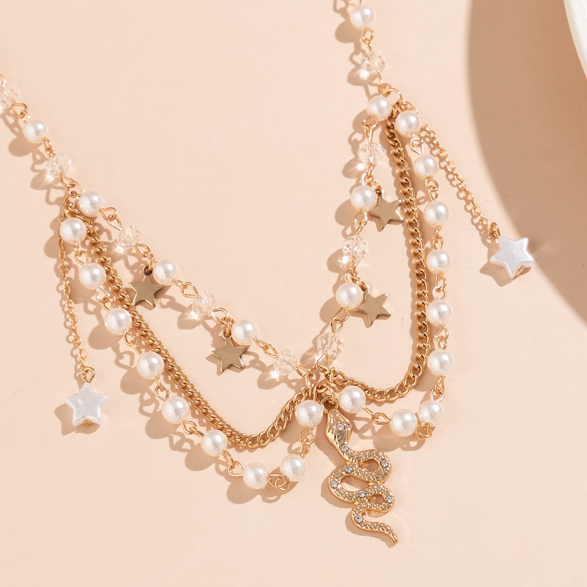 Elegant Layered Star Tassel CZ Inlaid Snake Pendant Pearl Chain Necklace - ArtGalleryZen