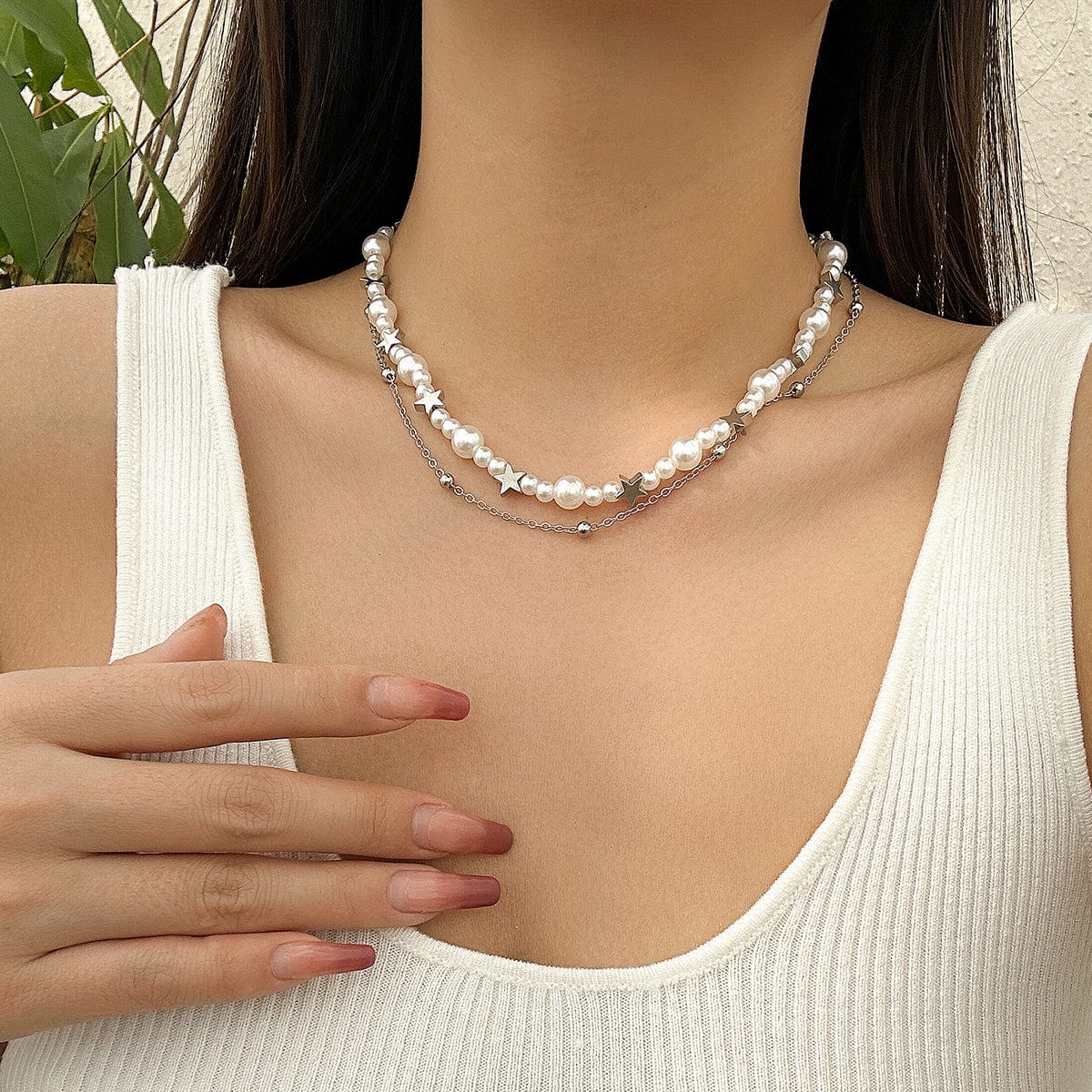 Elegant Layered Star Pearl Chain Beaded Necklace Set - ArtGalleryZen
