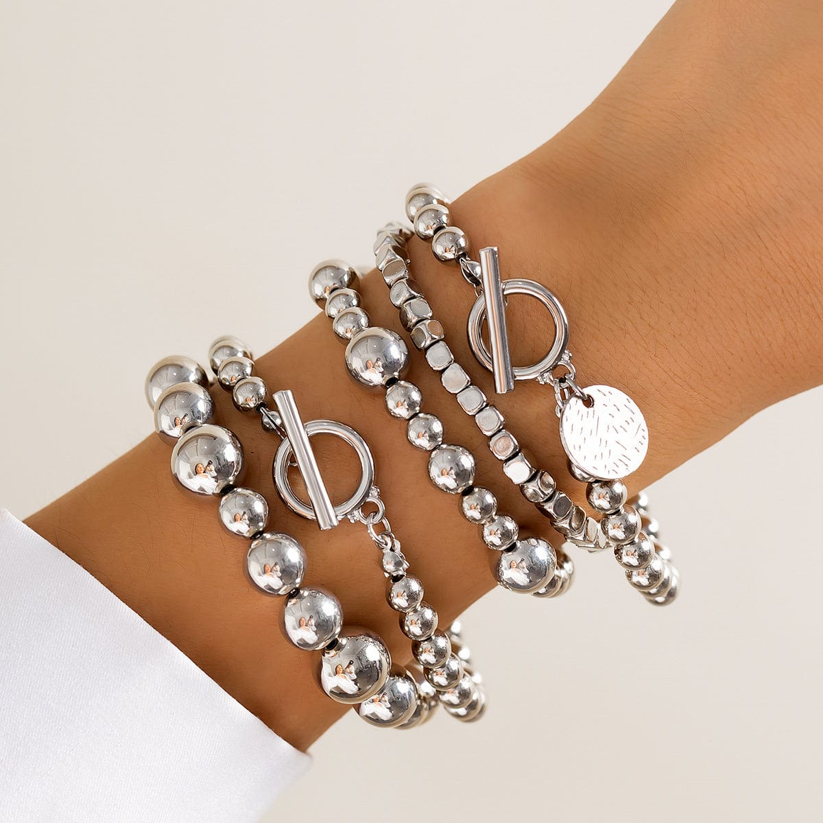 Elegant Layered Toggle Clasp Round Disk Charm Ball Chain Bracelet Set