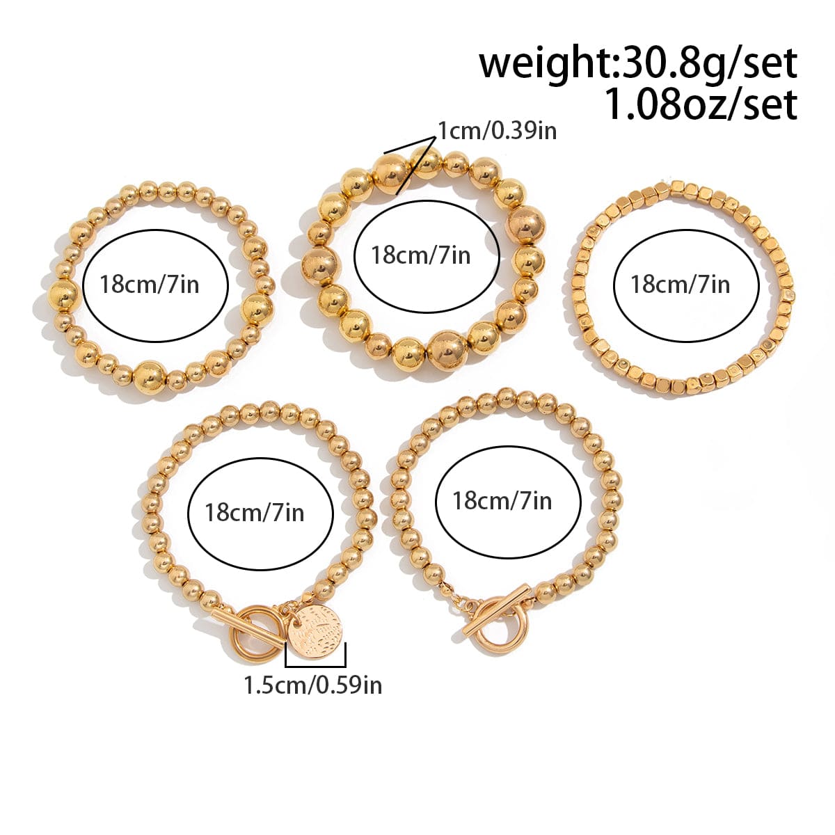 Elegant Layered Toggle Clasp Round Disk Charm Ball Chain Bracelet Set