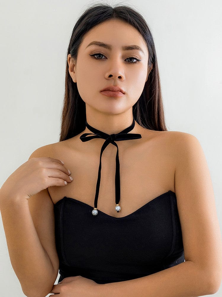 Elegant Layered Velvet Bowknot Pearl Choker Necklace - ArtGalleryZen