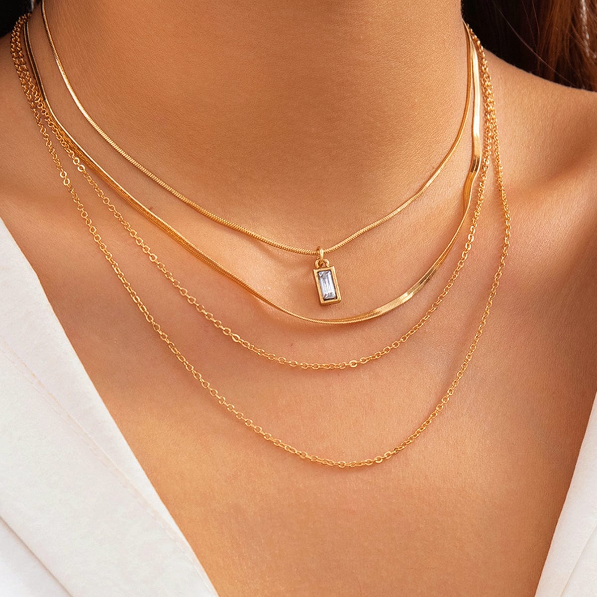 Elegant Layered Zircon Pendant Snake Cable Chain Necklace Set - ArtGalleryZen