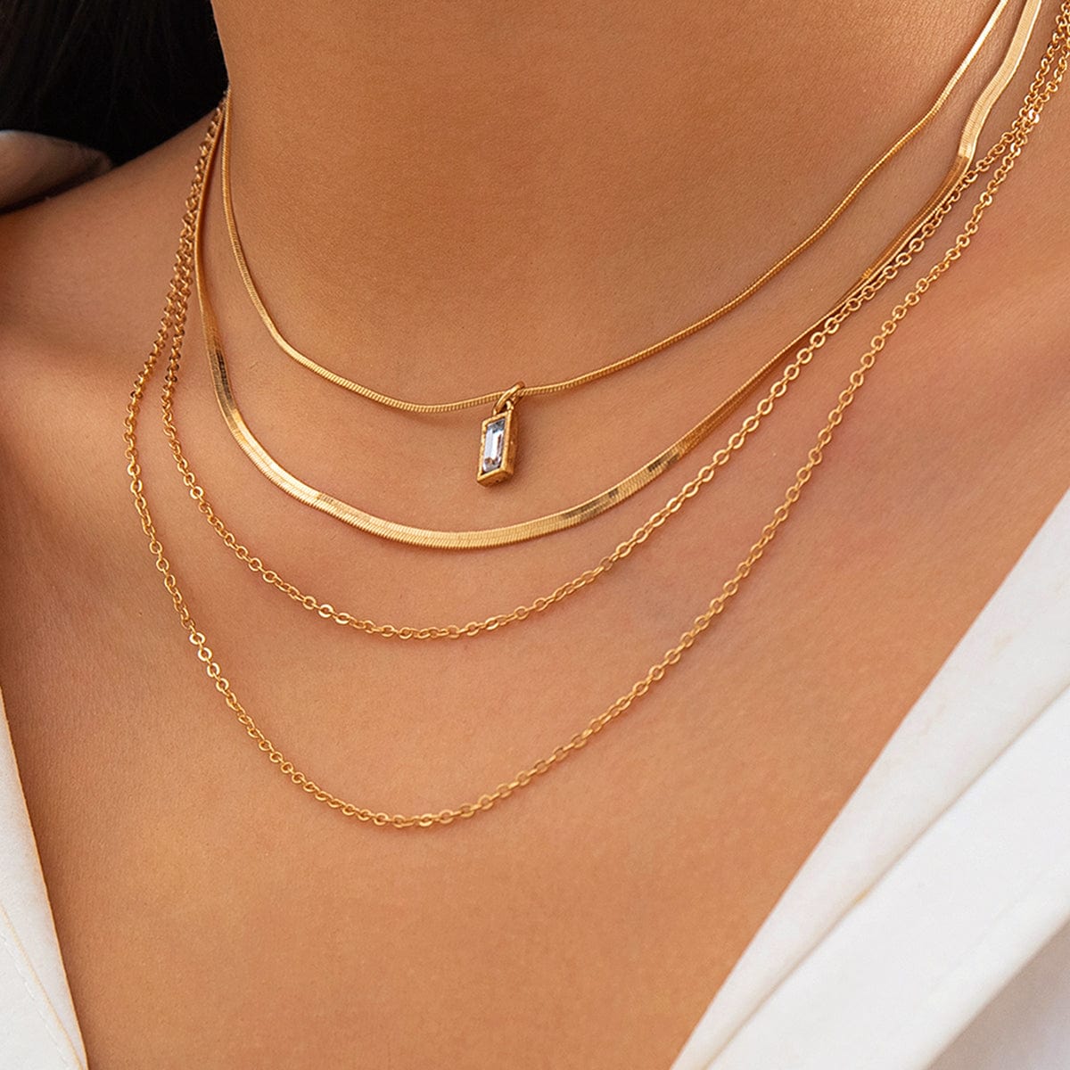 Elegant Layered Zircon Pendant Snake Cable Chain Necklace Set - ArtGalleryZen