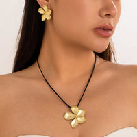 Thumbnail for Elegant Metallic Flower Pendant Wax Cord String Necklace Earrings Set