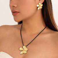 Thumbnail for Elegant Metallic Flower Pendant Wax Cord String Necklace Earrings Set