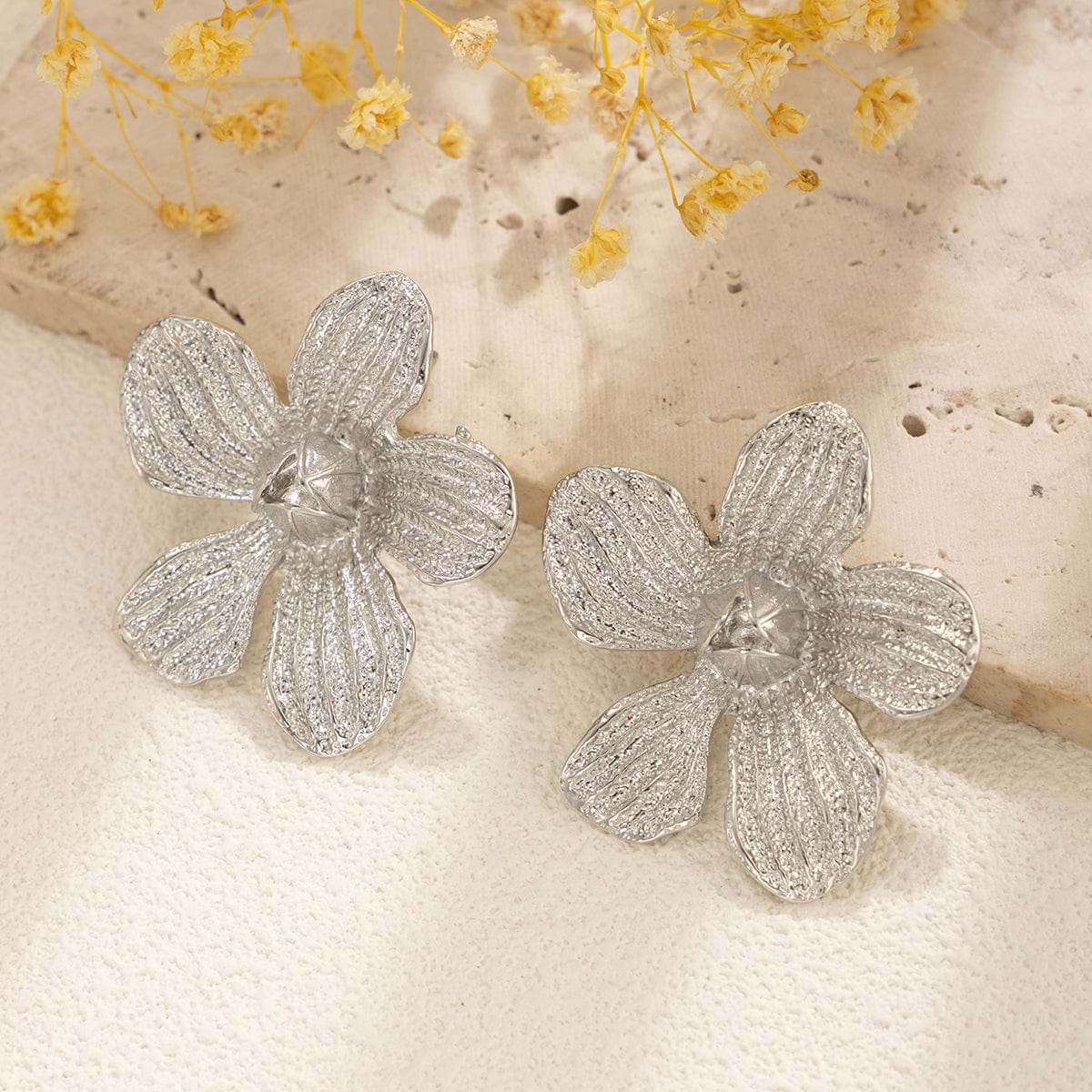 Elegant Metallic Textured Flower Earrings