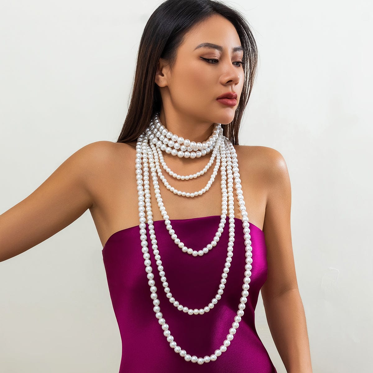 Elegant Multi-Layered Long Pearl Chain Necklace Set - ArtGalleryZen