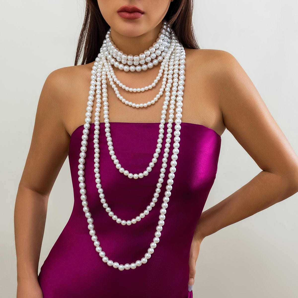 Elegant Multi-Layered Long Pearl Chain Necklace Set - ArtGalleryZen