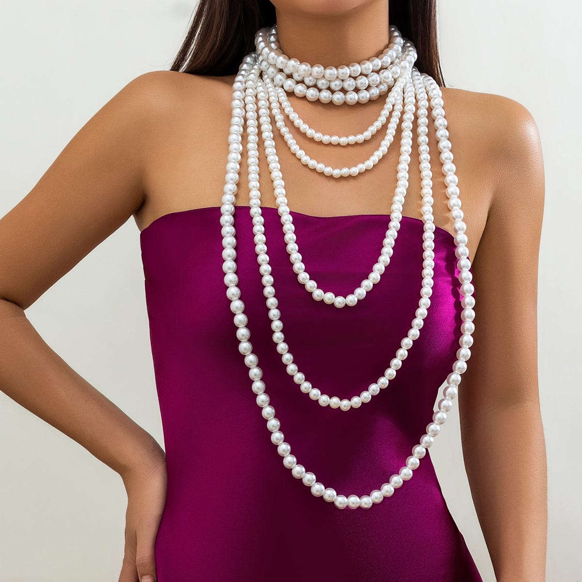 Elegant Multi-Layered Long Pearl Chain Necklace Set - ArtGalleryZen