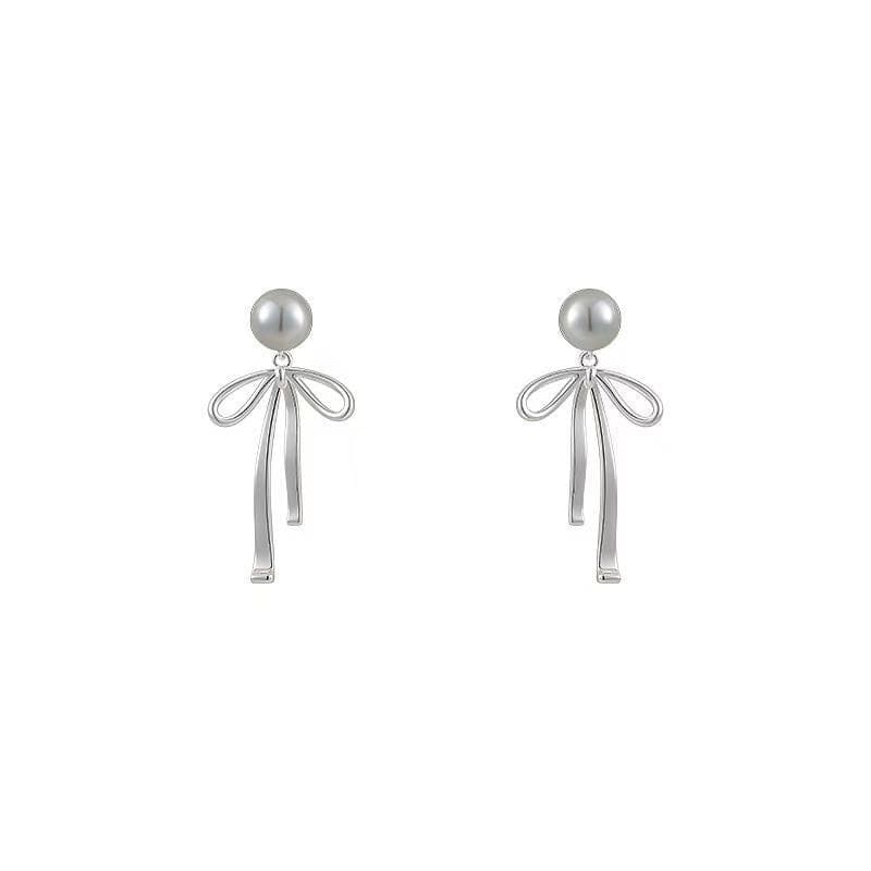 Elegant Pearl Bowknot Ribbon Dangle Removable Earrings - ArtGalleryZen