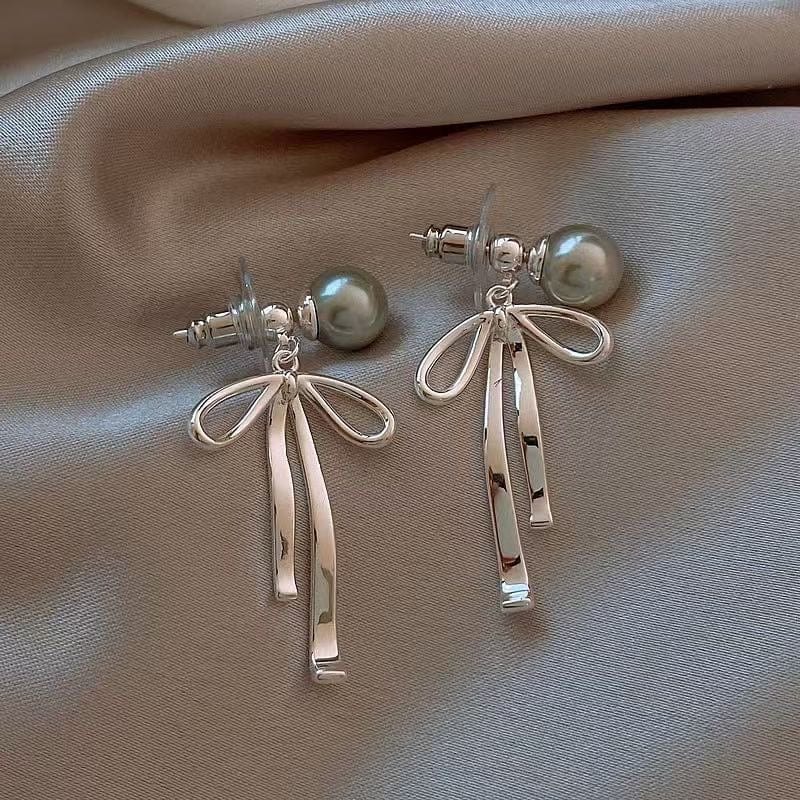 Elegant Pearl Bowknot Ribbon Dangle Removable Earrings - ArtGalleryZen