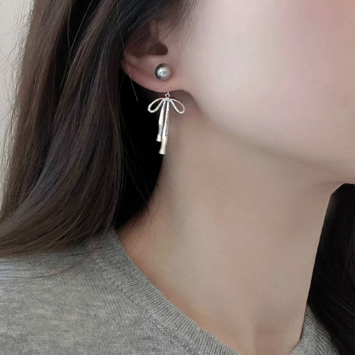 Elegant Pearl Bowknot Ribbon Dangle Removable Earrings - ArtGalleryZen