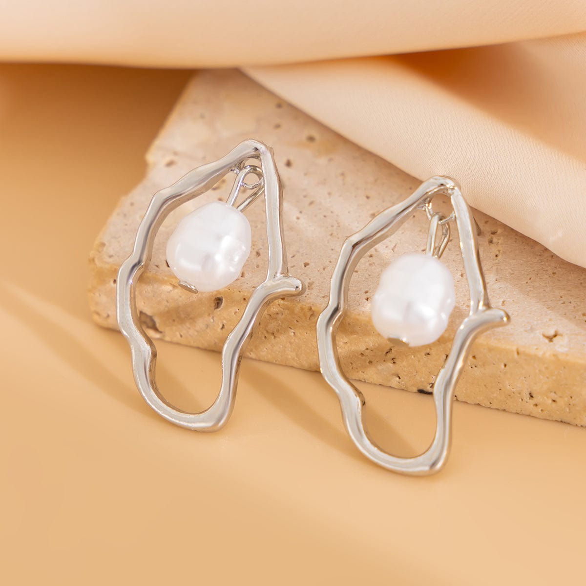 Elegant Pearl Dangle Irregular Hoop Stud Earrings