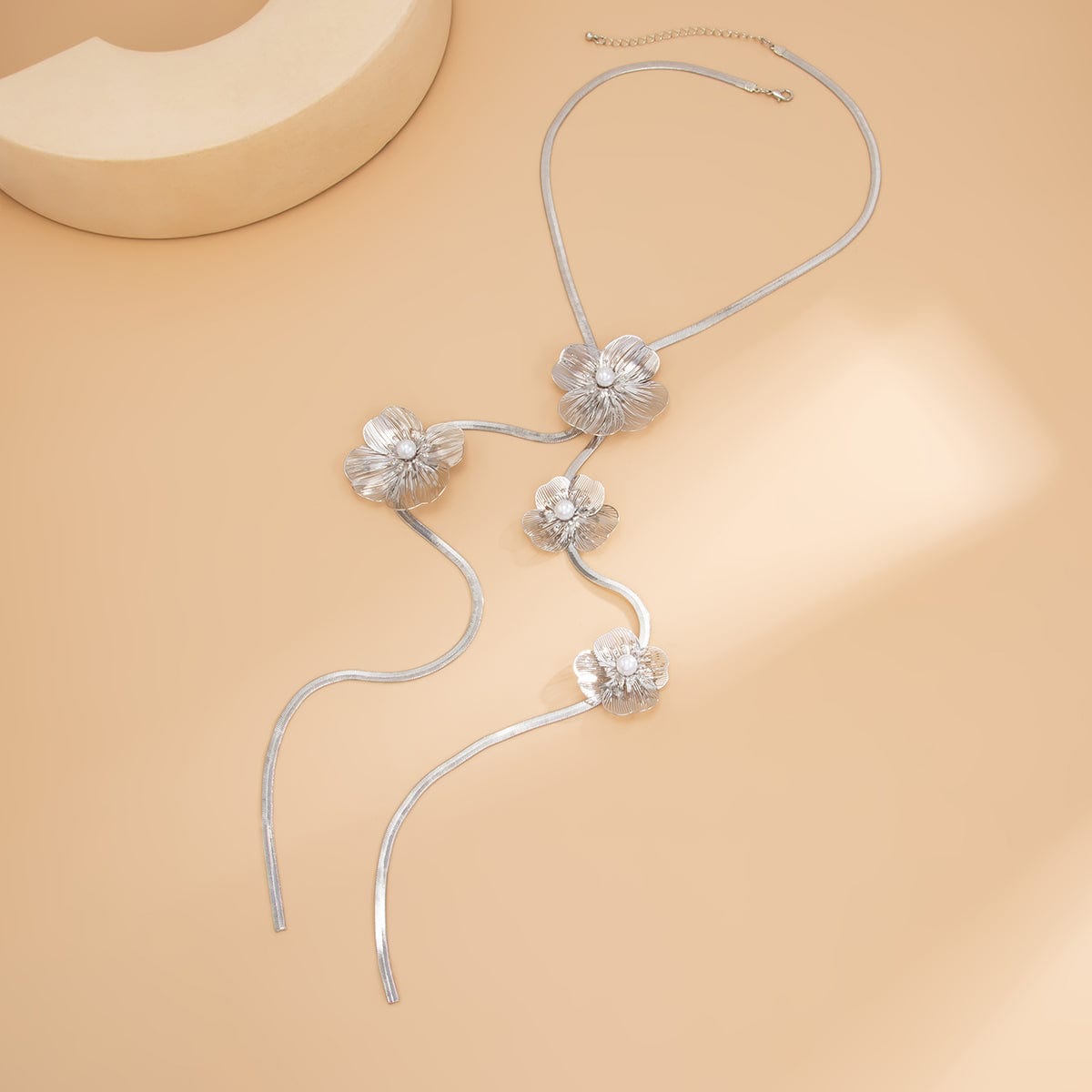 Elegant Pearl Flower Charm Snake Chain Y Necklace - ArtGalleryZen