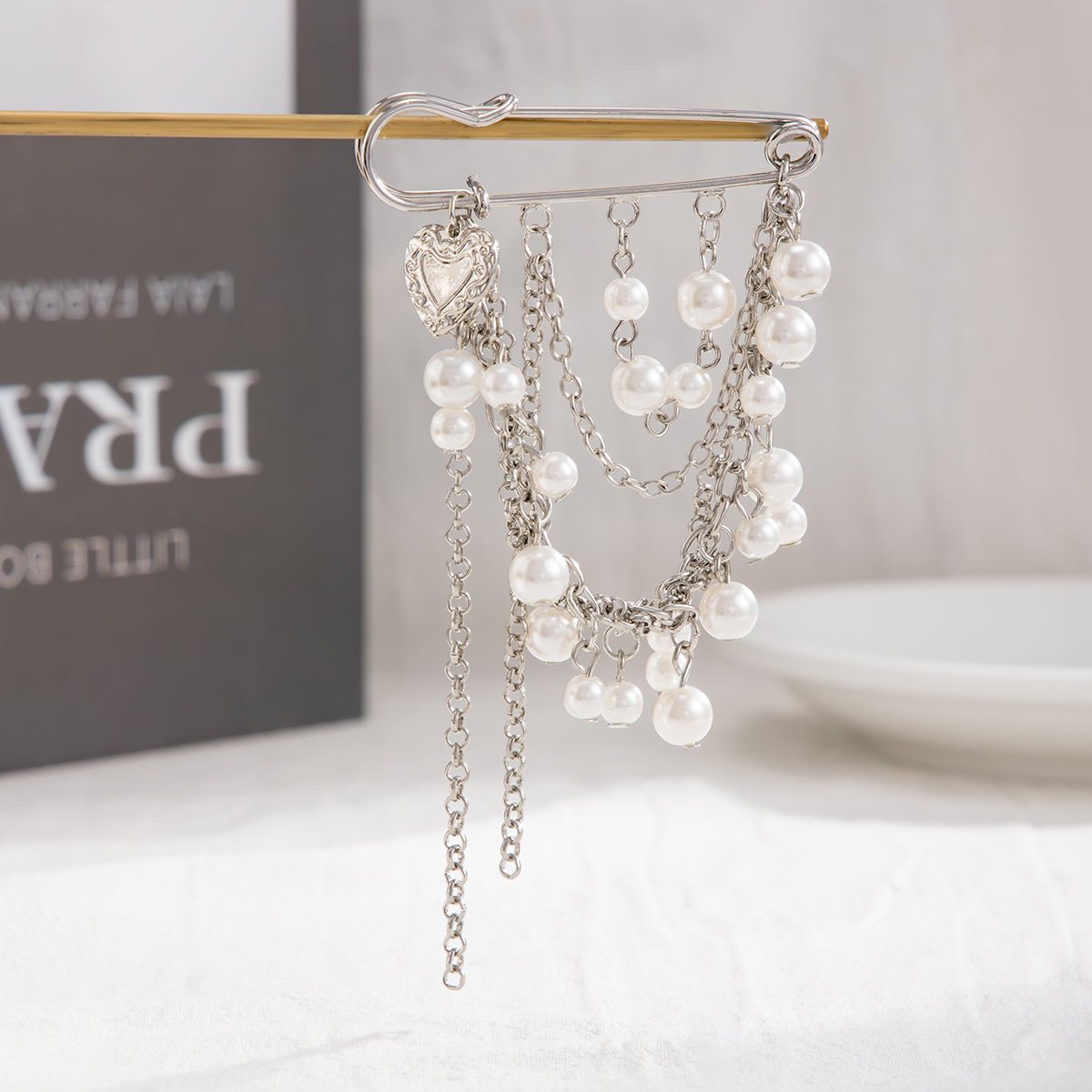 Elegant Pearl Heart Tassel Trouser Pin - ArtGalleryZen