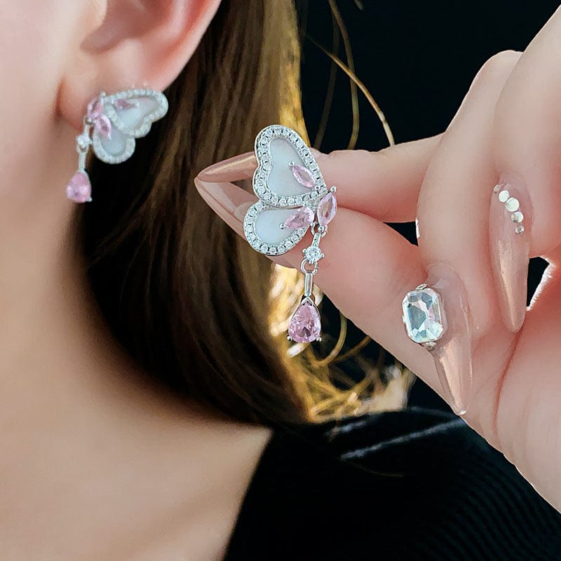 Elegant Pink Crystal Dangle CZ Inlaid Enamel Butterfly Earrings - ArtGalleryZen