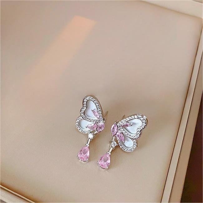 Elegant Pink Crystal Dangle CZ Inlaid Enamel Butterfly Earrings - ArtGalleryZen