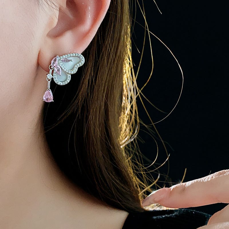 Elegant Pink Crystal Dangle CZ Inlaid Enamel Butterfly Earrings - ArtGalleryZen