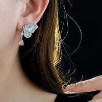 Thumbnail for Elegant Pink Crystal Dangle CZ Inlaid Enamel Butterfly Earrings - ArtGalleryZen