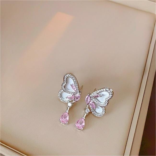 Elegant Pink Crystal Dangle CZ Inlaid Enamel Butterfly Earrings