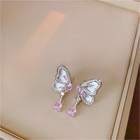 Thumbnail for Elegant Pink Crystal Dangle CZ Inlaid Enamel Butterfly Earrings