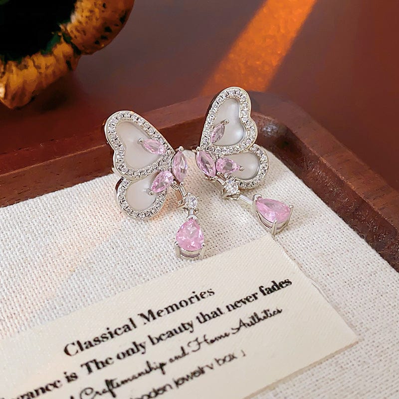 Elegant Pink Crystal Dangle CZ Inlaid Enamel Butterfly Earrings