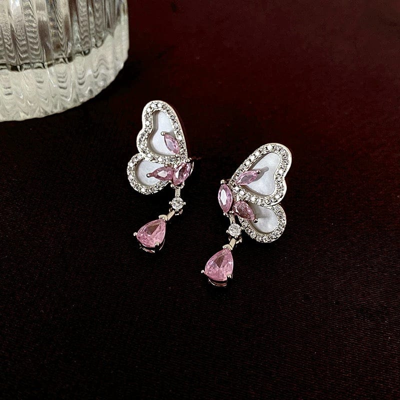 Elegant Pink Crystal Dangle CZ Inlaid Enamel Butterfly Earrings