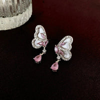 Thumbnail for Elegant Pink Crystal Dangle CZ Inlaid Enamel Butterfly Earrings