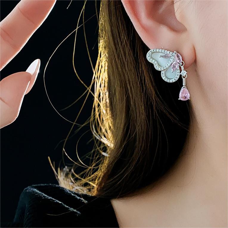 Elegant Pink Crystal Dangle CZ Inlaid Enamel Butterfly Earrings