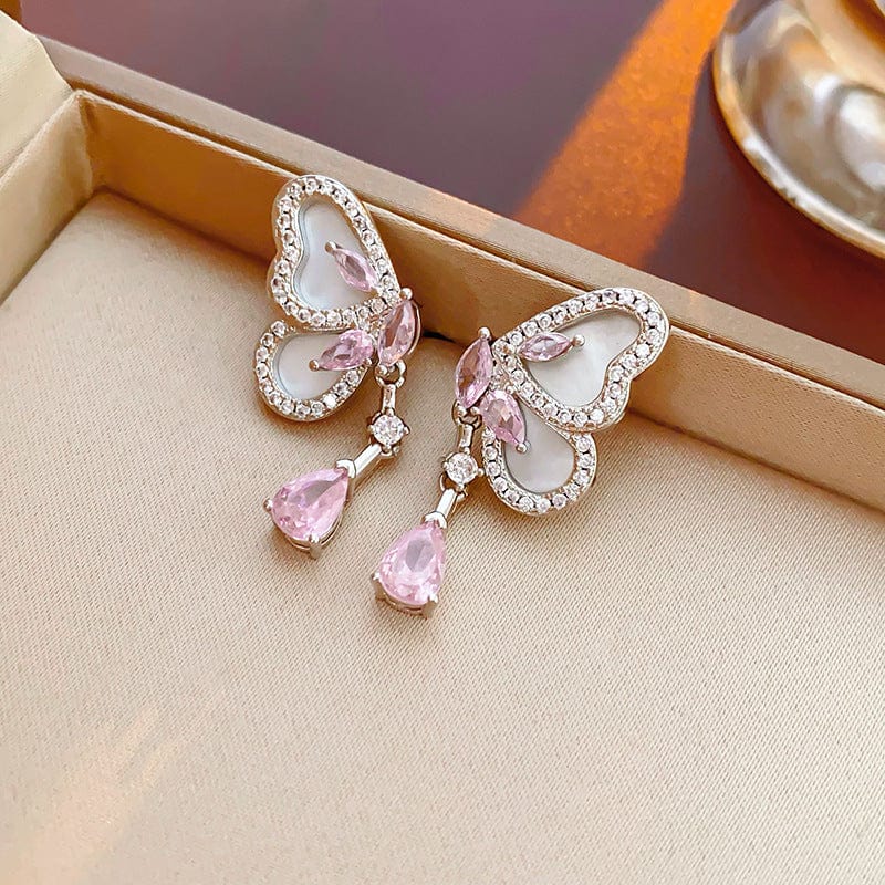 Elegant Pink Crystal Dangle CZ Inlaid Enamel Butterfly Earrings