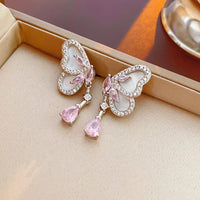 Thumbnail for Elegant Pink Crystal Dangle CZ Inlaid Enamel Butterfly Earrings