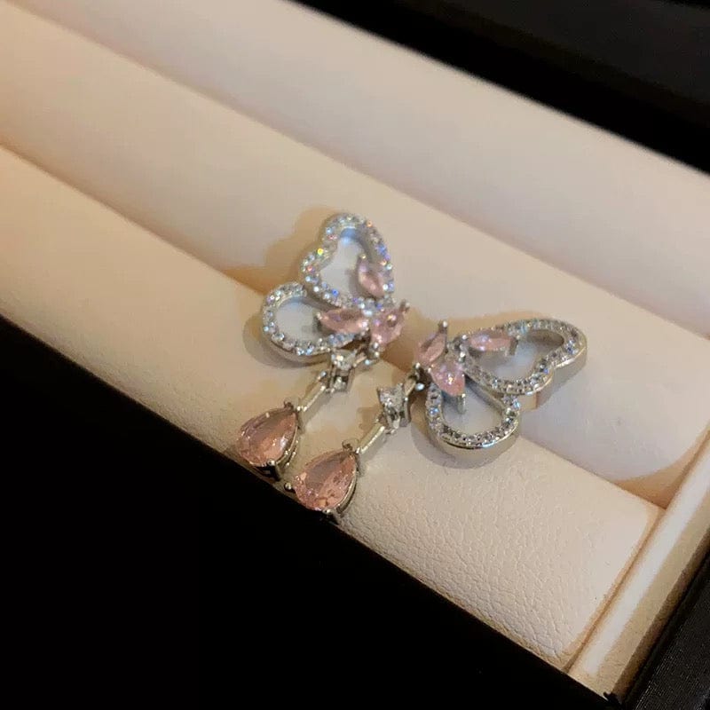 Elegant Pink Crystal Dangle CZ Inlaid Enamel Butterfly Earrings