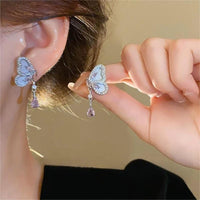 Thumbnail for Elegant Pink Crystal Dangle CZ Inlaid Enamel Butterfly Earrings